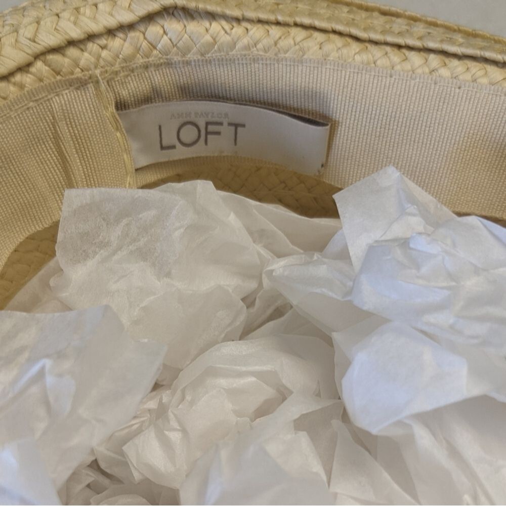 LOFT 96% paper fedora beach hat with paper flower accent, coral peach trim - Picture 5 of 6